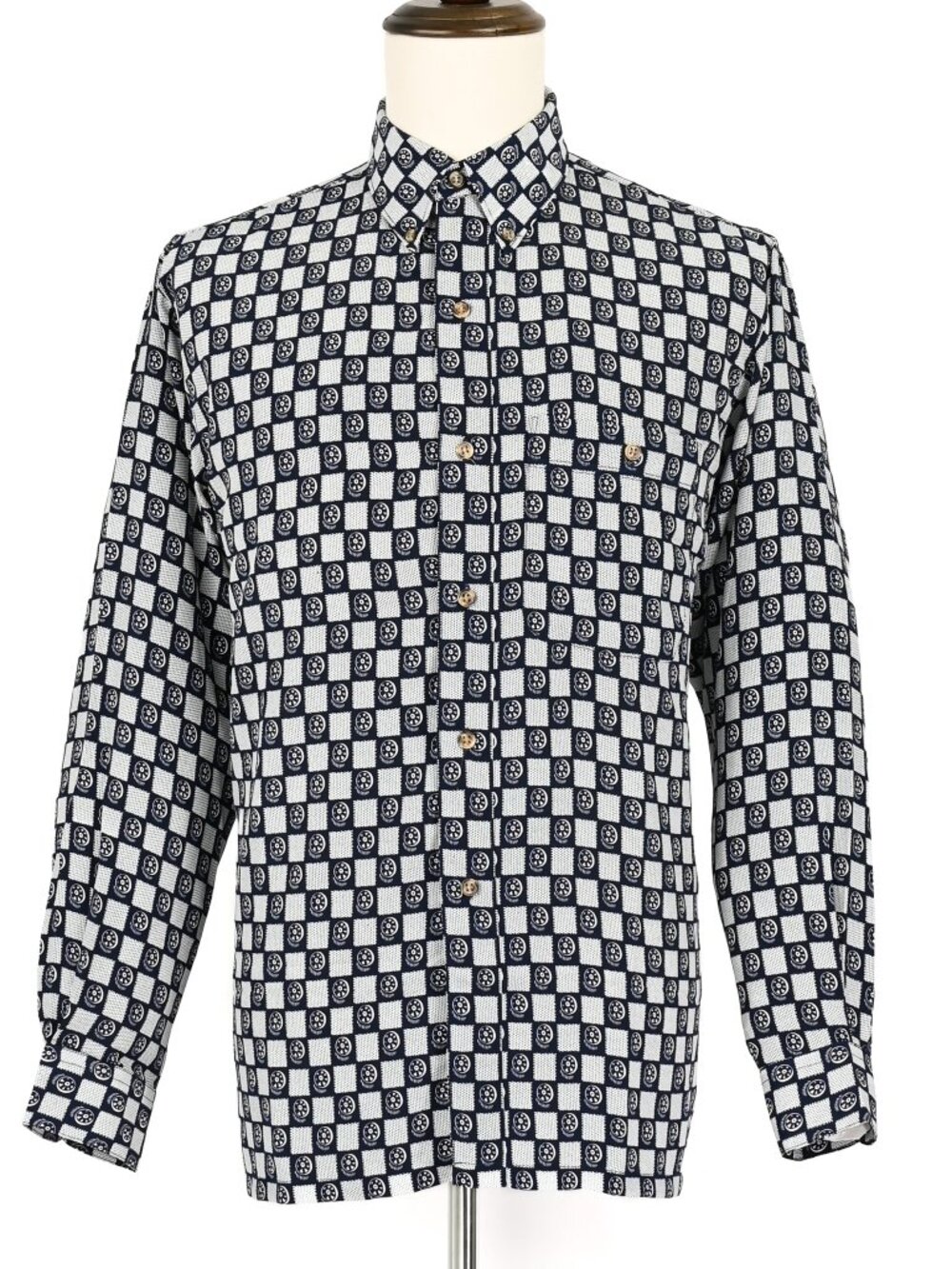 Dark Blue Checkered "BAILIAI SIJIU FU ZHUANG CHANG" Long Sleeve Button Shirt